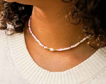 Pearl Choker, colorful pearl necklace with different pink pearls / beads, pearl necklace colorful, necklace pastel pink - MARLI