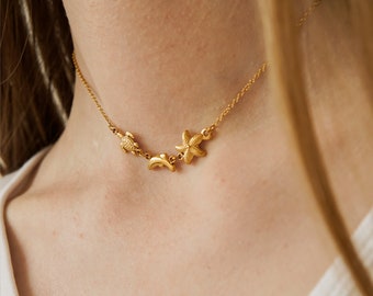 Choker Necklace Animals Gold, Small Choker with turtle, dolphin, sea star pendant, turtle necklace, dolphin necklace gold - ANITA