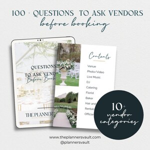 May include: A digital guide with the text "100+ QUESTIONS TO ASK VENDORS before booking" and "QUESTIONS TO ASK VENDORS Before Book" on a white background. The guide is open to a page with the text "Contents" and a list of wedding vendor categories, including Venue, Photo/Video, Live Music, DJ, Catering, Florist, Baker, Hair and Rentals, and Officiant. The guide also includes a black circle with the text "10+ vendor categories".