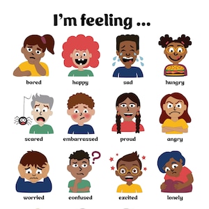 Póster imprimible sobre los diversos sentimientos de los niños: 16 emociones / Recurso para consejeros / Decoración para aulas de maestros