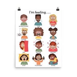 Póster imprimible sobre los diversos sentimientos de los niños: 12 emociones, recurso para el consejero, decoración para el aula del maestro