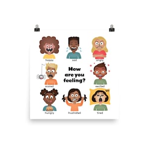 Diverse Kids Feelings Printable Poster - 9 Emotions | Counselor Resource | Teacher Classroom Decor  | Parent Homeschool Aid