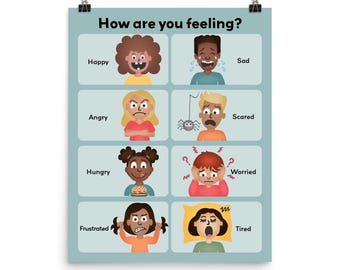 Tableau des sentiments imprimable pour les enfants - 8 émotions bleu | Ressource pour les conseillers scolaires | Art de la salle de classe de l'enseignant | Aide à l'école à la maison pour les parents