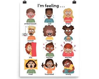 Könnte beinhalten: Ein Poster mit dem Text "I'm feeling..." und Illustrationen von Kindern, die verschiedene Emotionen ausdrücken. Die Emotionen umfassen: peinlich, traurig, wütend, ängstlich, glücklich, hungrig, schüchtern, aufgeregt, besorgt, müde, frustriert und einsam.