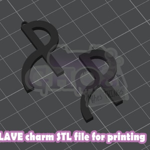 May include: Two black, stylized letter "R" charms, each with a loop for hanging. The charms are displayed on a gray grid background. The text "PLAVE charm STL file for printing" is at the bottom.