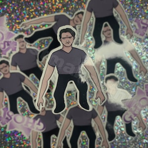 May include: Multiple stickers featuring a cartoon illustration of a person with a serious expression. The person is wearing a purple shirt and black pants. The stickers have a white background and are printed with the text "Ghost" in purple.
