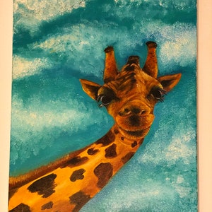 Oil painting giraffe blue sky