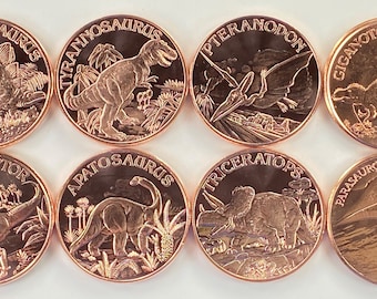 Dinosaur Collectible Coins * Eight Fine .999 Bullion Rounds * Newly Minted in the USA * Individual Coin or Complete Set