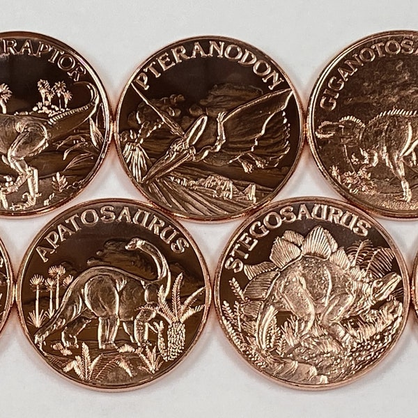Dinosaur Collectible Coins * Nine Fine .999 Bullion Rounds * Newly Minted in the USA * Individual Coin or Complete Set