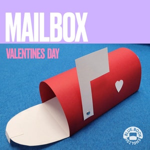 May include: Red and white paper mailbox with a heart on the side. The mailbox is open and has a white flap. The text "MAILBOX" and "VALENTINES DAY" is on the top of the image.