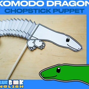 Può includere: Un burattino di drago di Komodo stampabile in bianco e nero per bambini. Il burattino è progettato per essere utilizzato con le bacchette. L'immagine mostra anche una testa di drago di Komodo verde.