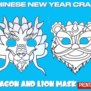 Op de afbeelding: Printbare Chinese nieuwjaarsmaskers van een draak en een leeuw. De maskers zijn zwart-witte contouren die klaar zijn om in te kleuren.