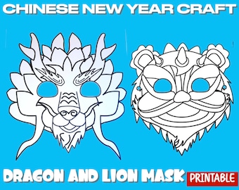 Dragon and Lion Mask Craft Activity Chinese New Year CNY Coloring Printable PDF Cut Glue Kids Play Lunar New Year Tiger 2024