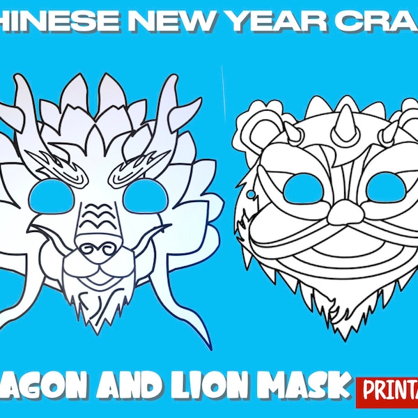 Dragon and Lion Mask Craft Activity Chinese New Year CNY Coloring Printable PDF Cut Glue Kids Play Lunar New Year Tiger 2024