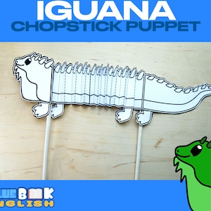Könnte beinhalten: Eine druckbare Leguan-Puppenvorlage, die Kinder ausmalen und zusammenbauen können. Die Vorlage ist für die Verwendung mit Essstäbchen konzipiert, um ein lustiges und interaktives Puppenspiel zu ermöglichen. Das Bild zeigt auch einen Comic-Leguan.