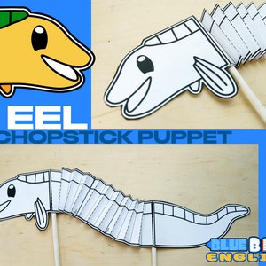 Op de afbeelding: Een printbare sjabloon voor een papieren palingpop. De pop is wit met zwarte contouren en heeft een gesegmenteerd lichaam dat kan worden gevouwen om een ​​wiebelende beweging te creëren. De pop is ontworpen om aan een eetstokje te worden bevestigd. De tekst "EEL CHOPSTICK PUPPET" is onder de pop afgedrukt.