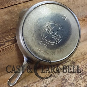 Gorgeous Patina!  Unique early 1910&#39;s Griswold #8 Cast Iron Skillet Large Slant Logo, &#39;Erie,&#39; 704 L.  Great conversation piece