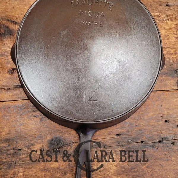 HUGE and hard to find 1910's Early Favorite Piqua Ware #12 Cast Iron Skillet, Arc Straight logo