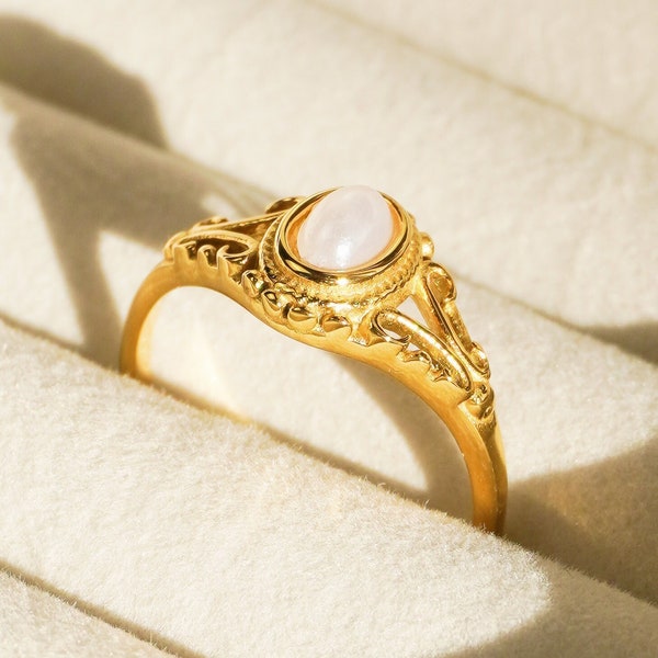 Pearl Ring - 18k Gold Filled, Stainless Steel Ring, Vintage Ring, Tarnish Free, Waterproof Ring, Victorian Style, Unique Ring, Jewelry Gifts