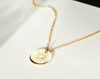 Dainty Sunbeam Pendant Necklace in 14K Gold - Minimalist Sunshine Round Coin Starburst Charm, Minimalist Necklace, Anniversary Gifts