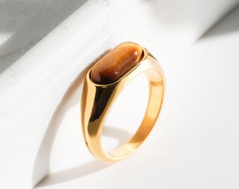 18K Gold Tiger Eye Stacking Ring | Statement Band | Wedding Jewelry | Chunky Ring | Bridal Gift | Summer Jewelry | Ring for Women