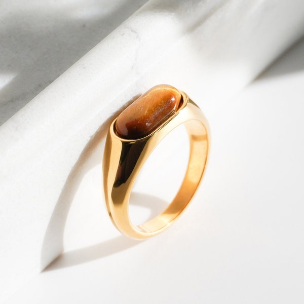 18K Gold Tiger Eye Stacking Ring | Statement Band | Wedding Jewelry | Chunky Ring | Bridal Gift | Summer Jewelry | Ring for Women