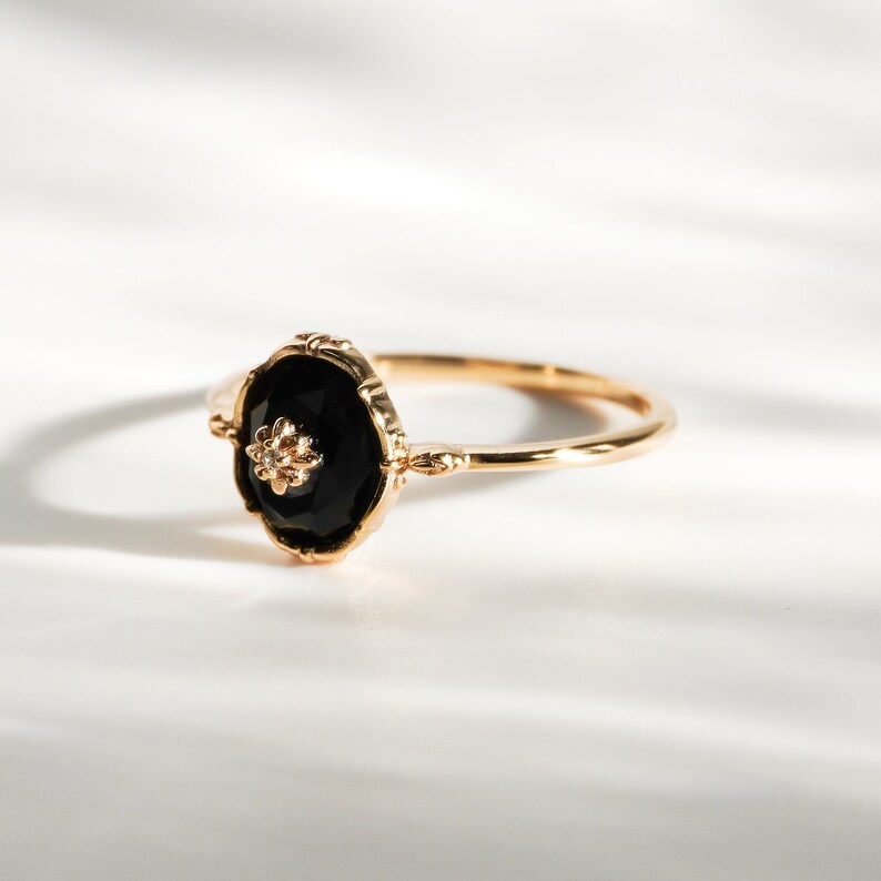 Dainty Black Onyx Ring Vintage Ring, Gemstone Ring, Gold Victorian Ring, Stacking Ring, Simple Ring, Thin Ring, Gift for Her, Mom Gift image 1