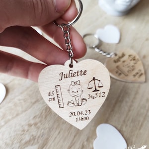 Peut inclure: Porte-clés en bois en forme de cœur avec le nom d'une petite fille, sa date de naissance, son poids et sa taille. Le porte-clés présente une petite illustration d'une petite fille et une balance.