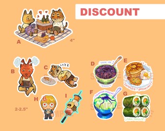 May include: A set of nine stickers featuring various illustrations, including a picnic scene with two animals, a red-haired character, a tiger, a bee, a bowl of pudding, a plate of pancakes, a bowl of jam, and a plate of sushi rolls. The stickers are available in two sizes: 4 inches and 2.25 inches. The stickers are labelled with letters A through I.