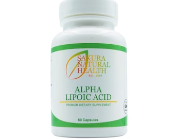 May include: White bottle with a green label that says "Sakura Natural Health Est. 2007" and "Alpha Lipoic Acid Premium Dietary Supplement 60 Capsules".