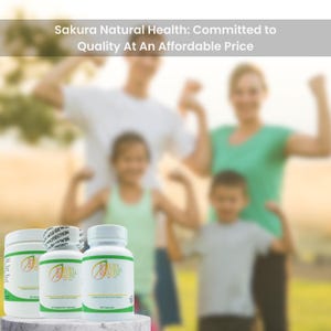May include: Three white bottles of dietary supplements with green labels that say "Sakura Natural Health" and feature a green leaf design. The bottles are on a white surface in front of a blurred image of a family.