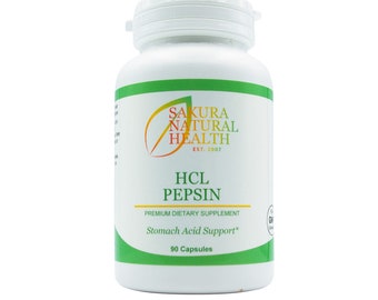 May include: A white plastic bottle of Sakura Natural Health HCL Pepsin dietary supplement. The label includes the brand name, product name, and the words "Premium Dietary Supplement" and "Stomach Acid Support". The bottle contains 90 capsules.