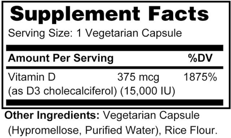 Peut inclure: &Eacute;tiquette des informations nutritionnelles pour un compl&eacute;ment alimentaire. La portion est de une capsule v&eacute;g&eacute;tarienne. L'&eacute;tiquette indique que la vitamine D est pr&eacute;sente &agrave; 375 mcg (15 000 UI) par portion, ce qui repr&eacute;sente 1875 % de la valeur quotidienne. Les autres ingr&eacute;dients comprennent une capsule v&eacute;g&eacute;tarienne (hypromellose, eau purifi&eacute;e) et de la farine de riz.