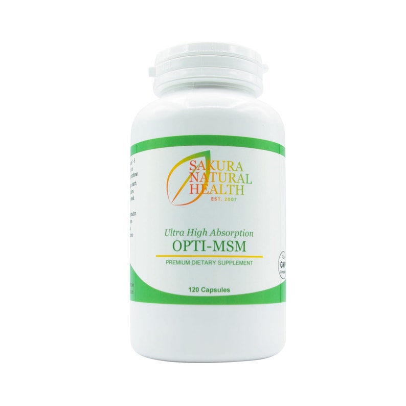May include: White bottle with a green label that says "Sakura Natural Health Est. 2007" and "Ultra High Absorption Opti-MSM Premium Dietary Supplement 120 Capsules".