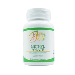 May include: A white plastic bottle of Methyl Folate dietary supplement. The bottle has a green and white label with the text "SAKURA NATURAL HEALTH" and "METHYL FOLATE". The bottle contains 60 vegetarian capsules, each with 5,000 mcg.