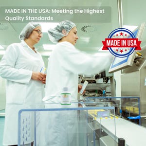 May include: Two people wearing white lab coats and hairnets work on a production line in a factory. A bottle of supplements is on a conveyor belt. The label on the bottle says "Made in the USA: Meeting the Highest Quality Standards". A red, white, and blue sticker with the words "Made in USA" is on a machine in the background.