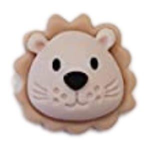 May include: A light pink lion face with a brown mane. The lion has black eyes, a black nose, and a small pink mouth.
