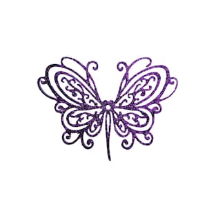 Könnte beinhalten: Ein glitzernder Schmetterling in Lila mit filigranen Details, perfekt, um Bastelarbeiten und Dekorationen einen Hauch von Verspieltheit zu verleihen.