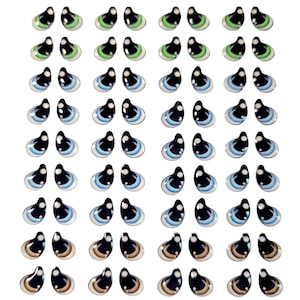 May include: Assortment of 48 plastic craft eyes in various colors and sizes. The eyes are black with a white pupil and a colored ring around the pupil. The colors include green, blue, and brown.