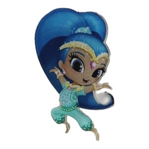 May include: A cartoon character with blue hair, a teal outfit and a gold headband. The character is jumping and has a happy expression on their face.