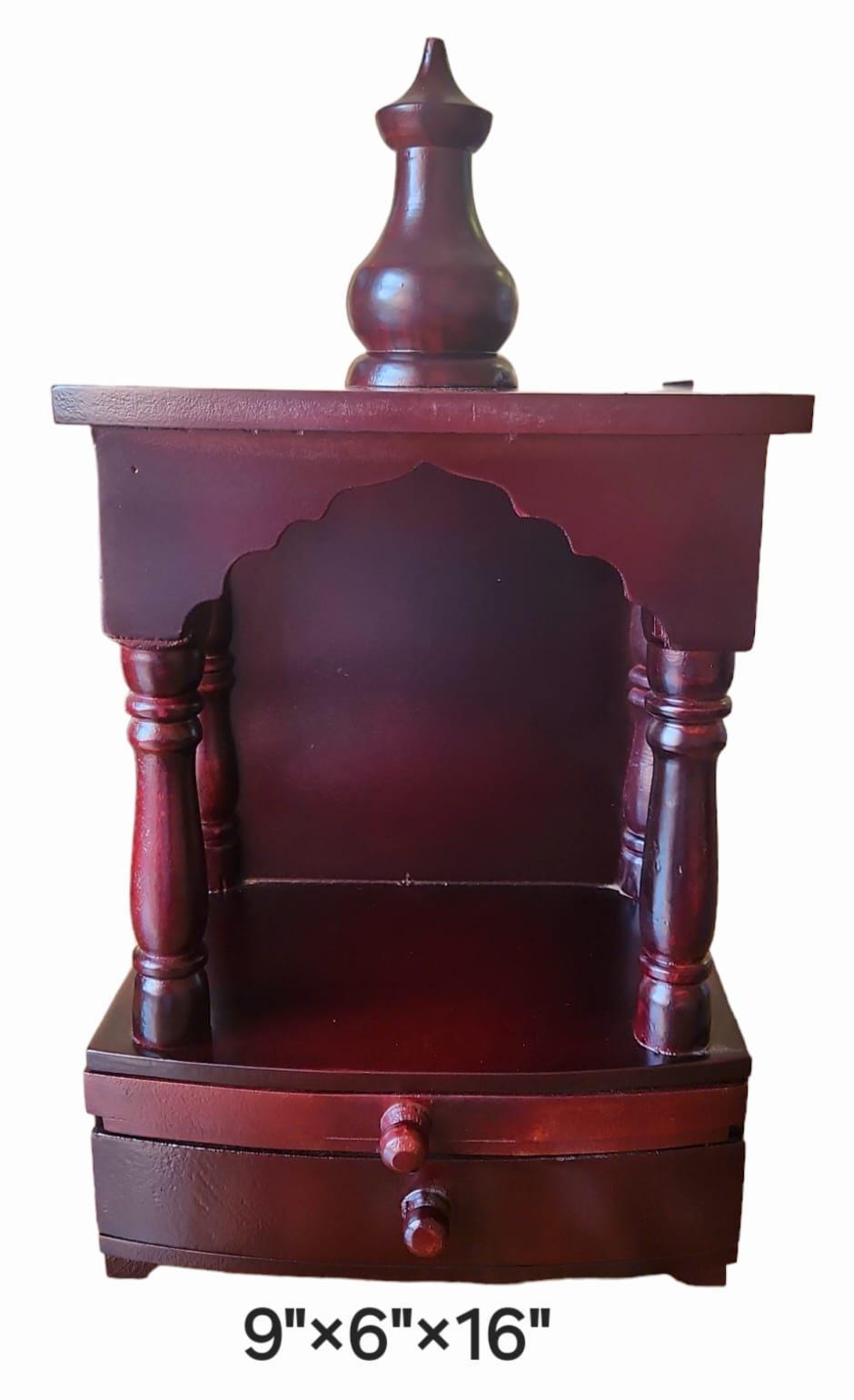 Brown Wooden Mandir Temple with Drawer, Pull-Out Tray for Daily Pooja, and Wall Hanging Hooks – 9”x6”x16”