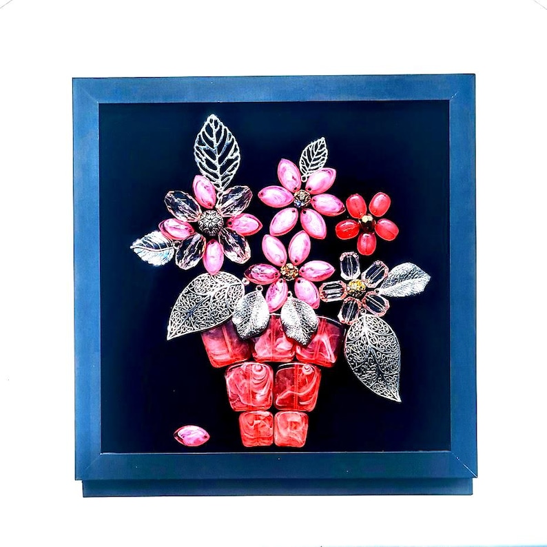 Framed Jeweled Flower Bouquet Collage - Vintage Style Wall Art afbeelding 2