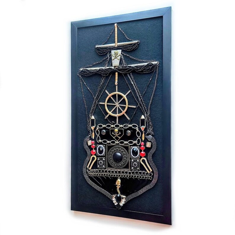 Steampunk 3-Masted and 2-Masted Pirate Ship Wall Art: Gothic Nautical Decor, Vintage Jewelry collage, one-of-a-kind, handcrafted imagem 7