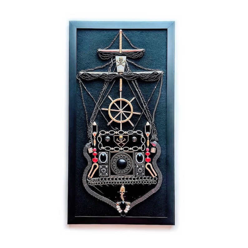 Steampunk 3-Masted and 2-Masted Pirate Ship Wall Art: Gothic Nautical Decor, Vintage Jewelry collage, one-of-a-kind, handcrafted Option A