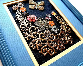 Vintage Jewelry Collage Art: Blue Frame, Flowers & Butterfly