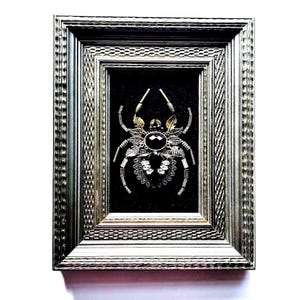May include: Framed artwork featuring a detailed spider design. The spider is crafted with gold and silver-toned metal, adorned with a large black gem at its center. The artwork is set against a black background within a silver-colored frame.