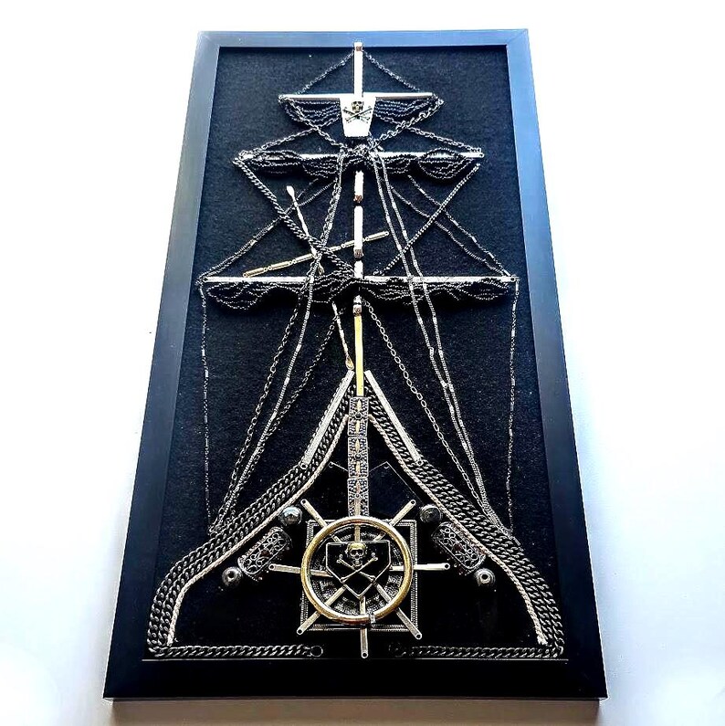 Steampunk 3-Masted and 2-Masted Pirate Ship Wall Art: Gothic Nautical Decor, Vintage Jewelry collage, one-of-a-kind, handcrafted imagem 14