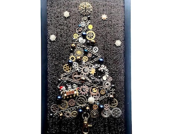 Steampunk Christmas Tree Framed Wall Art: Vintage Style Christmas Decor
