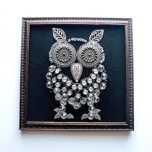 Cute Baby Owl Wall Decor Gift jeweled framed collage wall hanging | Mid-century modern Owl Decor birthday gift for her | Owl Wall Hanging