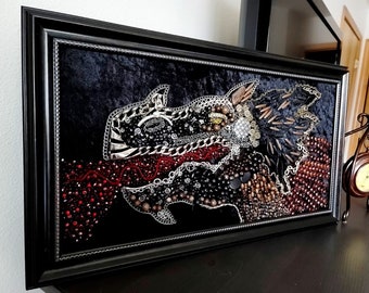Vintage Dragon Framed Wall Art: Beaded Jewelry Collage